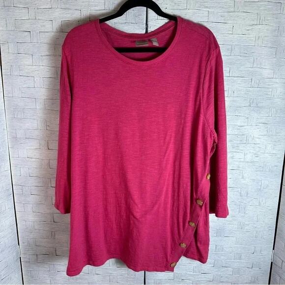 Chicos three-quarter links T-shirt buttons on left side, pink casual plus size - Picture 1 of 10